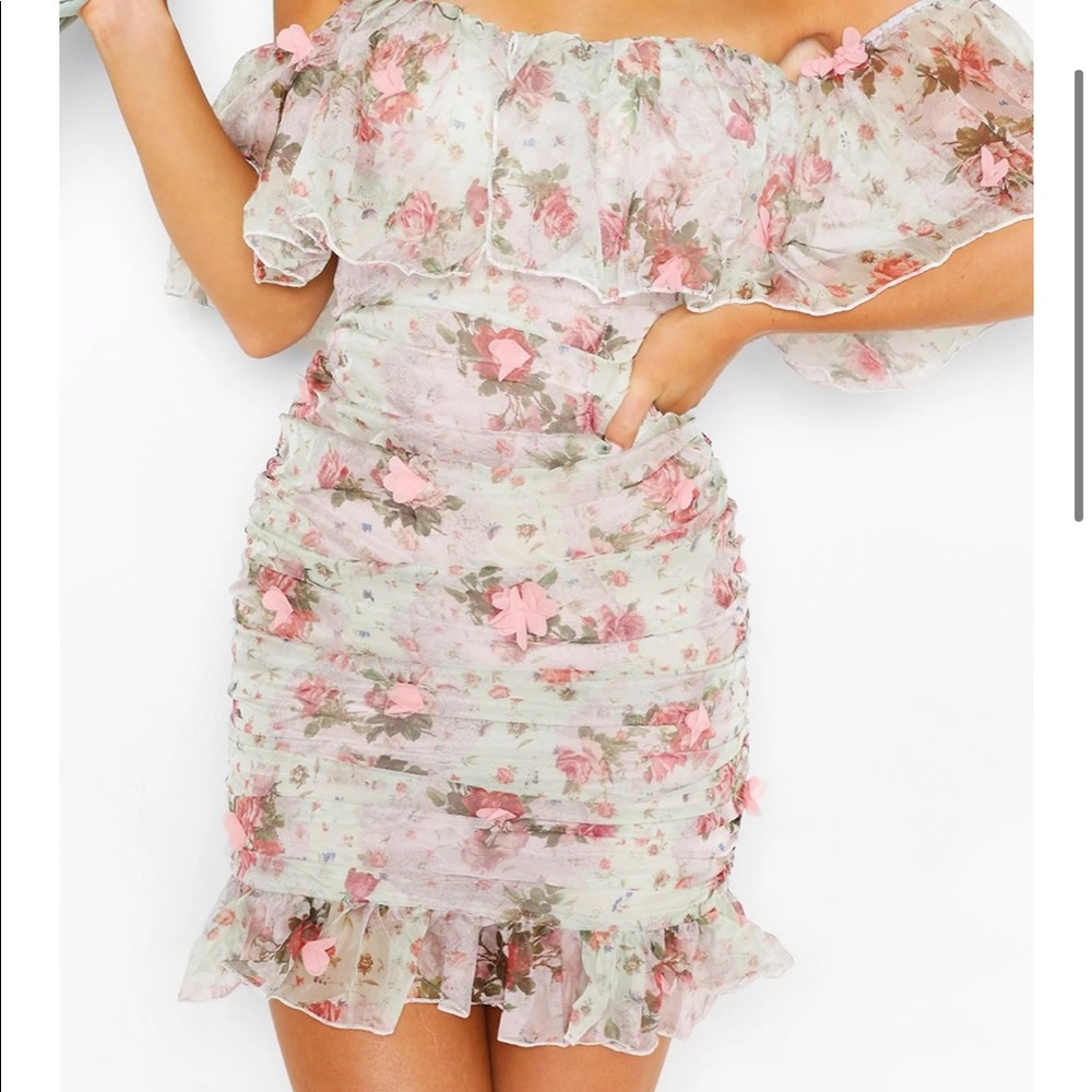 Mint green tea dress with pink flowers